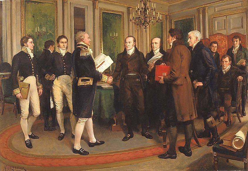 Depiction of the signing of the Treaty of Ghent, which formally ended the war between the British Empire and the United States