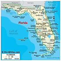 Physical Map of Florida. It shows the physical features of Florida, including mountain ranges, rivers, lakes, coastal plains, the swampy Everglades and islands of Florida Keys.. 