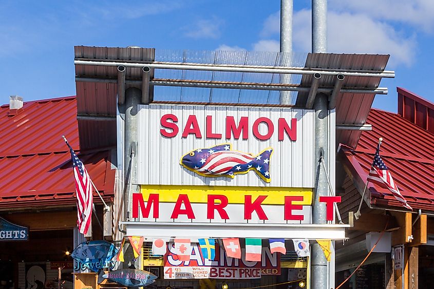 The entrance to the iconic Salmon Market, located on the corner of Mission and Main Street in Alaska