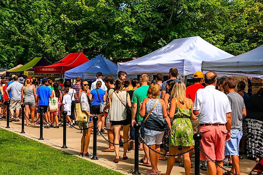 Crowds of people at the Saturday Farmers Market in downtown Madison Wisconsin