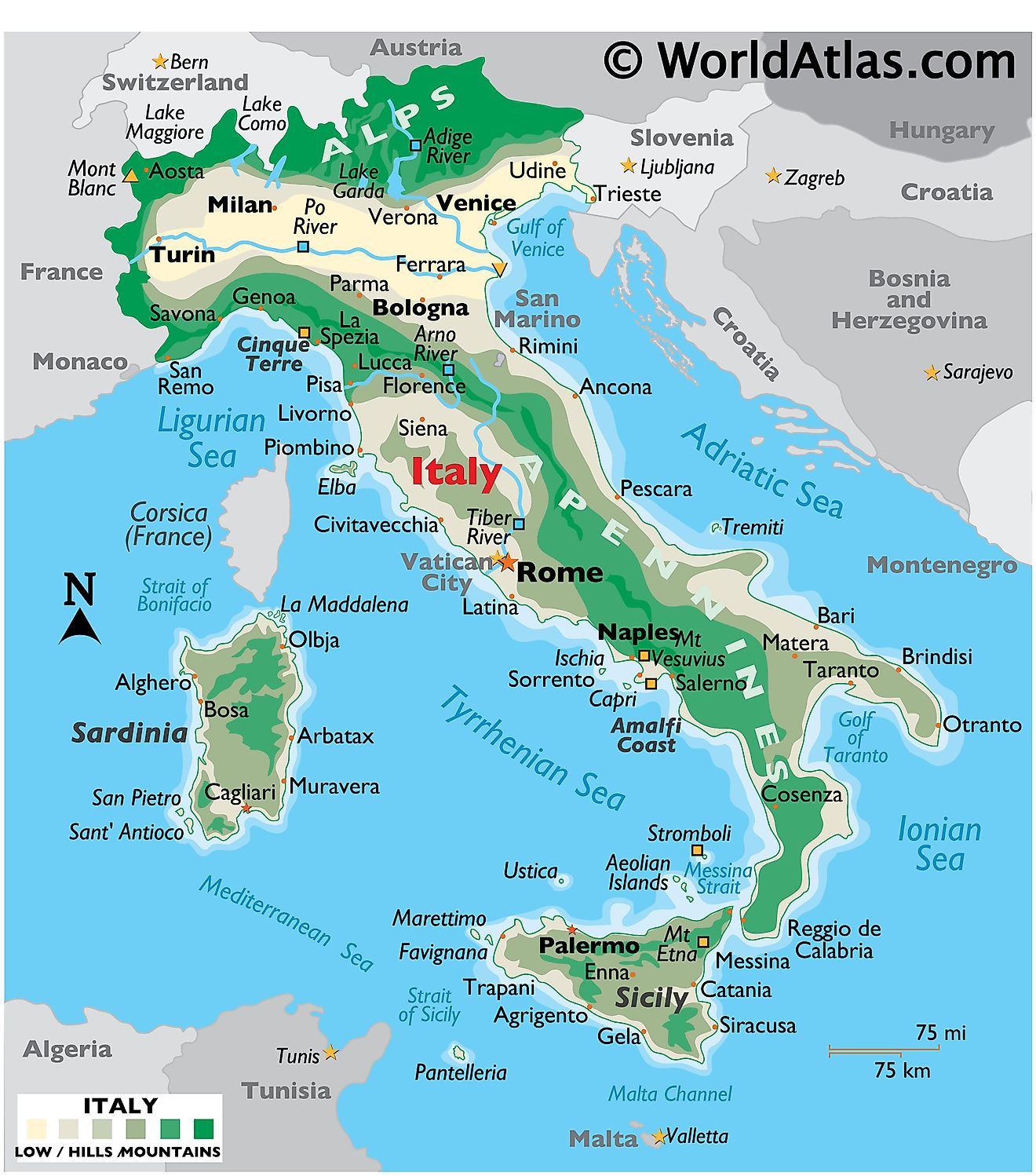 Physical Map of Italy showing terrain, mountains, extreme points, islands, rivers, major cities, international boundaries, etc.