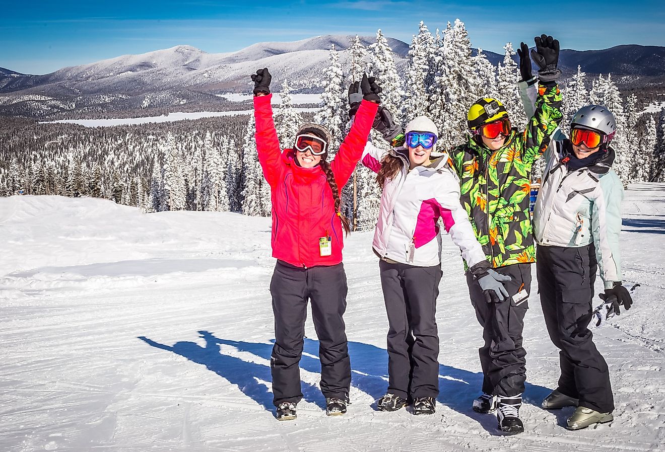 Friends on the ski slopes at Angel Fire Resort near Taos, New Mexico.