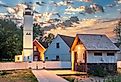 Presque Isle Lighthouse in Erie, Pennsylvania, at dusk.