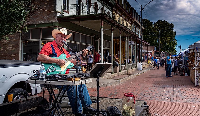 Singer on downtown street in Lebanon, Illinois