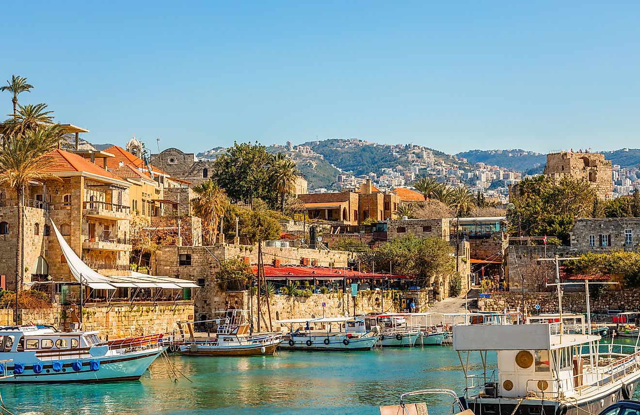 Jbeil port lagoon with anchored fishing boats, Byblos, Lebanon