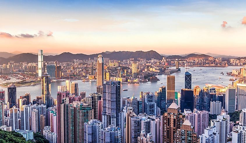 Sunset over Victoria Harbor as viewed atop Victoria Peak