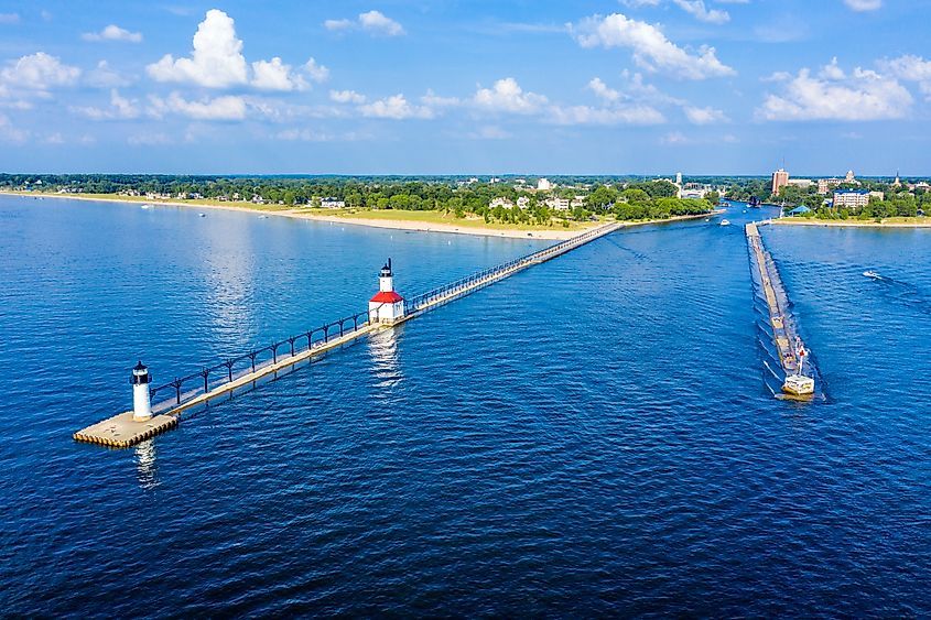 The St. Joseph North and South Pier Lighthouses on Lake Michigan