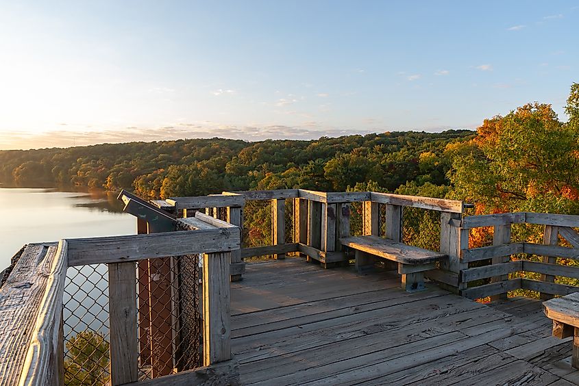 Overlooking the Autumn landscape from Eagle Cliff Overlook in Starved Rock State Park at sunrise.