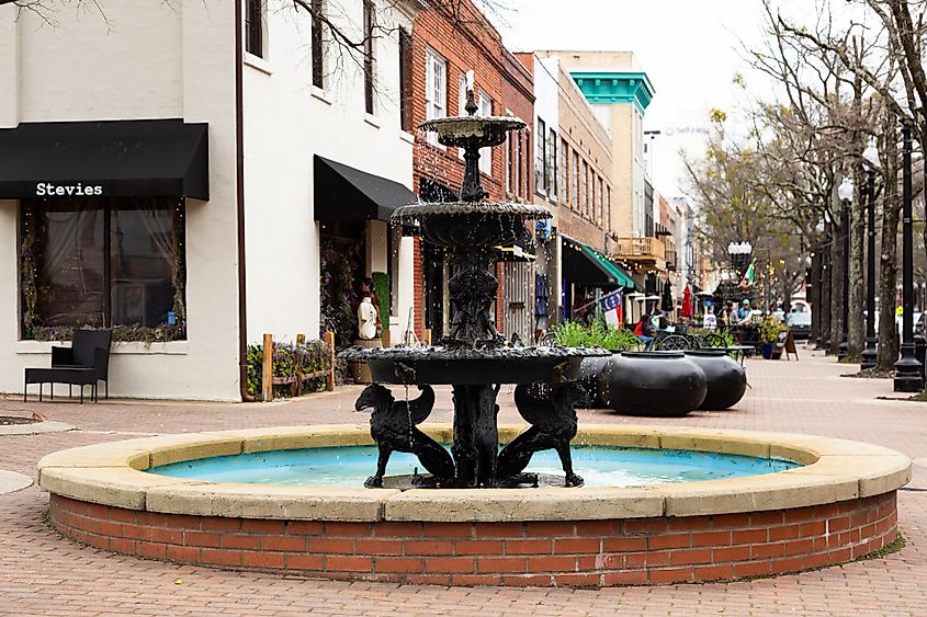 Selective focus view of a vintage public fountain on Hay Street in Fayetteville, Virginia