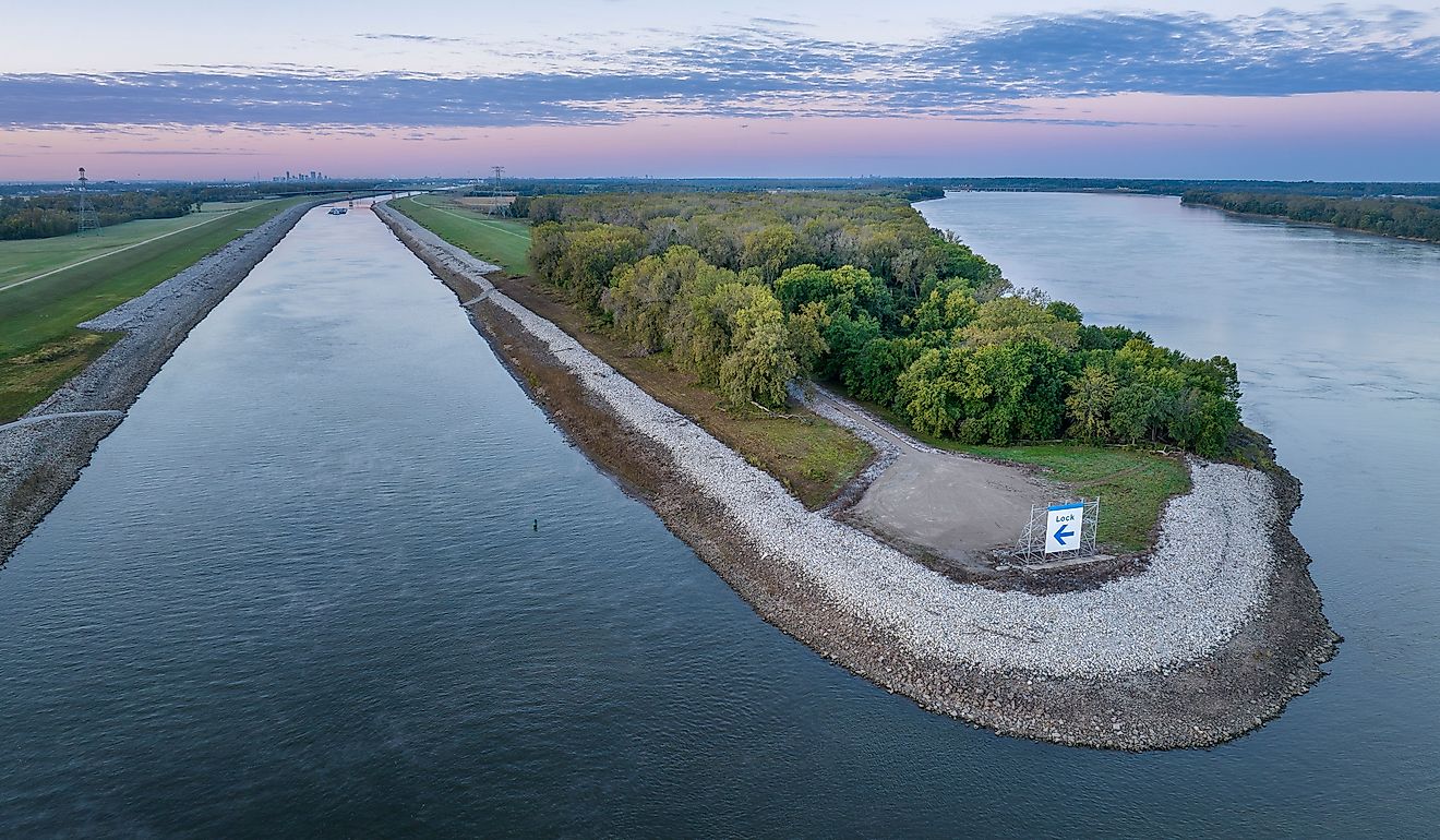 Upstream entry to the Chain of Rock Bypass Canal from the Mississippi River above St Louis, aerial view at dawn.