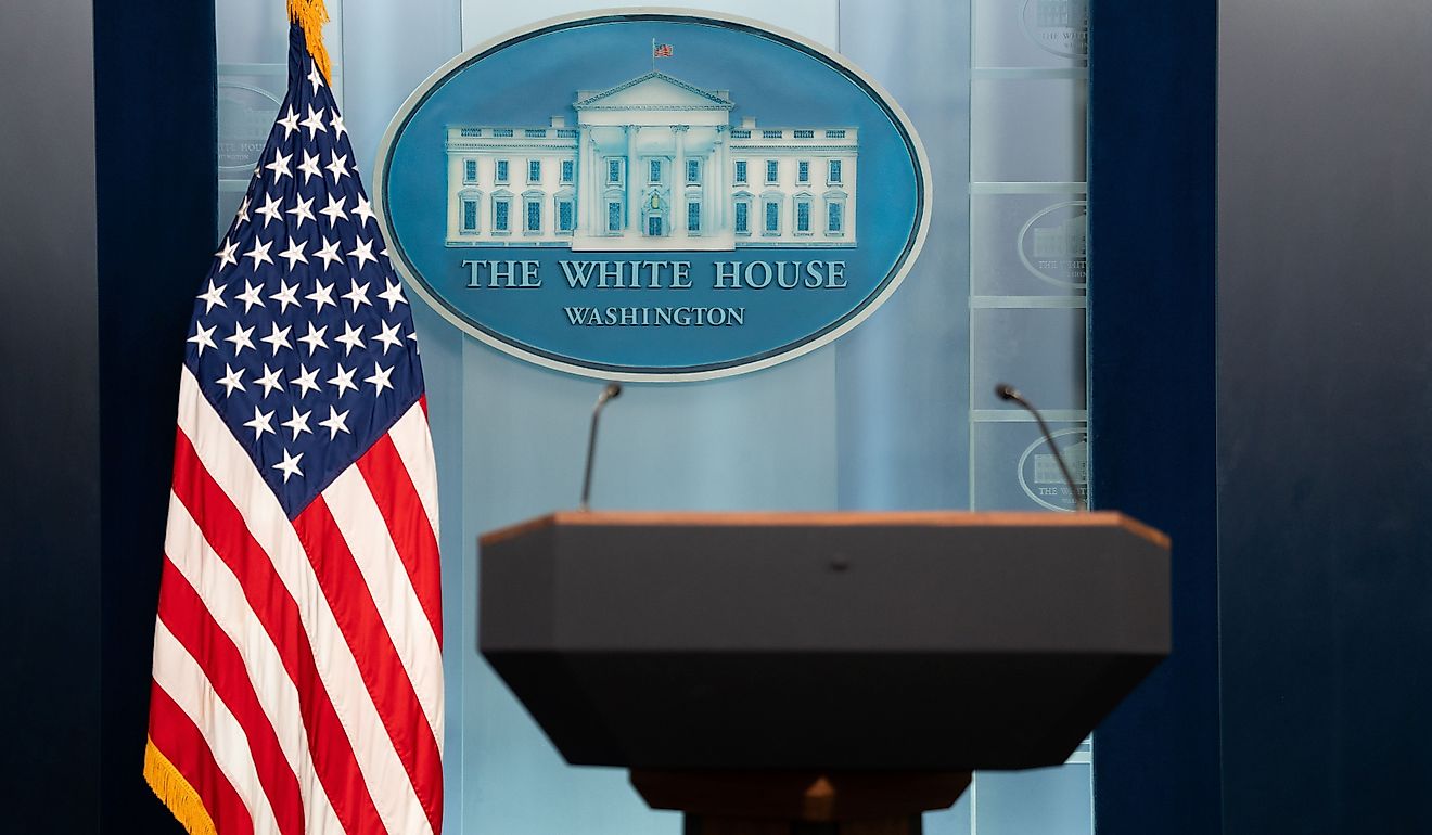 View of an empty WHITE HOUSE press room. Image credit Cristi Dangeorge via Shutterstock.