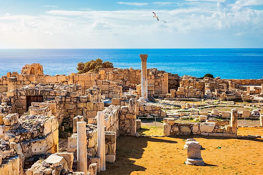 The ancient ruins of Kourion, featuring the remnants of Achilles' House and the Kourion Basilica at the Sanctuary of Apollo. Located near Limassol (Lemesos), Cyprus