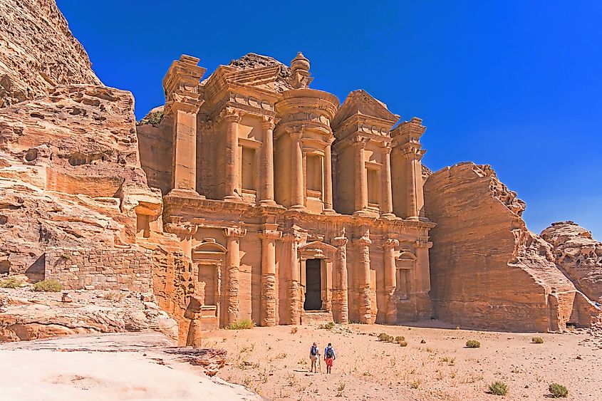 The famous facade of Ad Deir, also known as the Monastery, in the ancient city of Petra, Jordan.