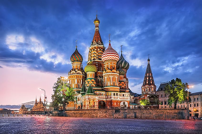 St. Basil's Cathedral in Moscow on Red Square on a summer evening and a blue cloud