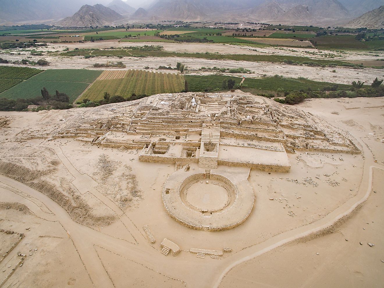  Aerial drone view of Caral city in Peru