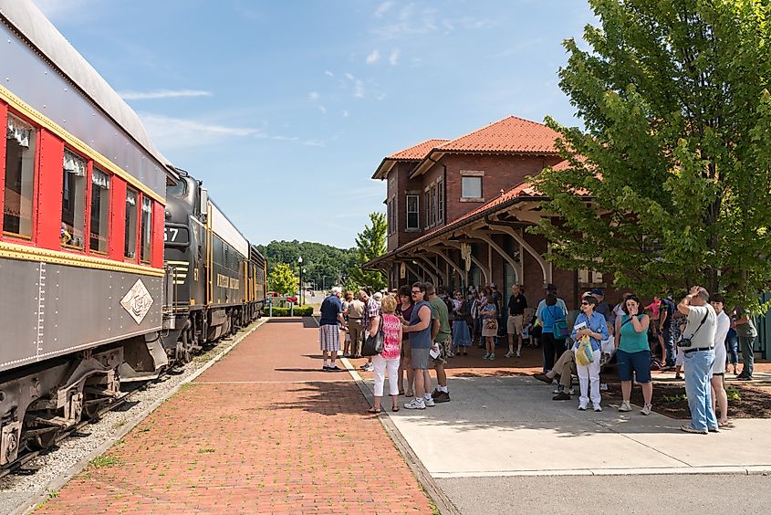 Tourists boarding the Tygart Flyer for a trip into the mountains of West Virginia on the Durbin and Greenbrier Valley Railroad in Elkins, West Virginia