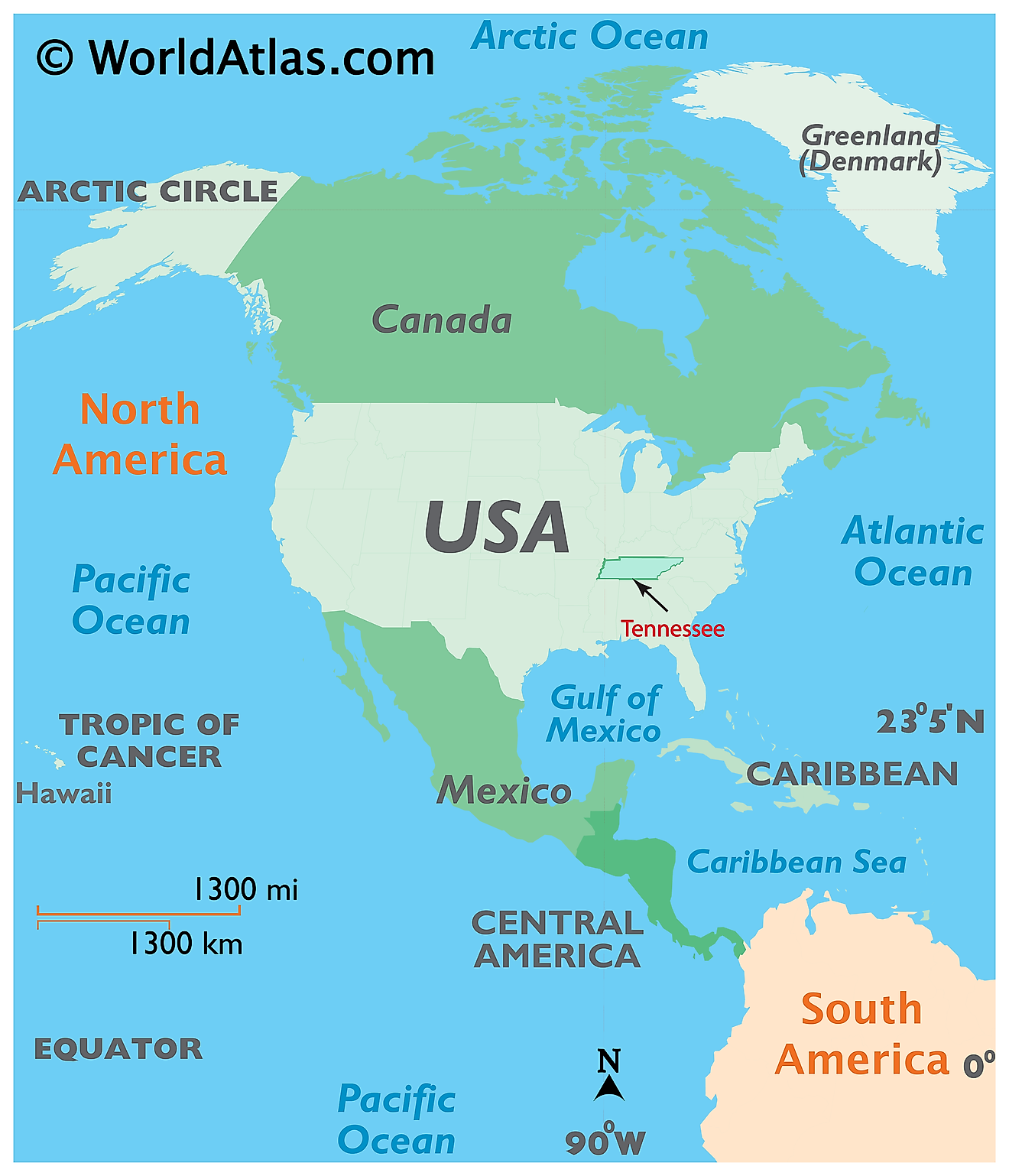 Map showing location of Tennessee in the world.