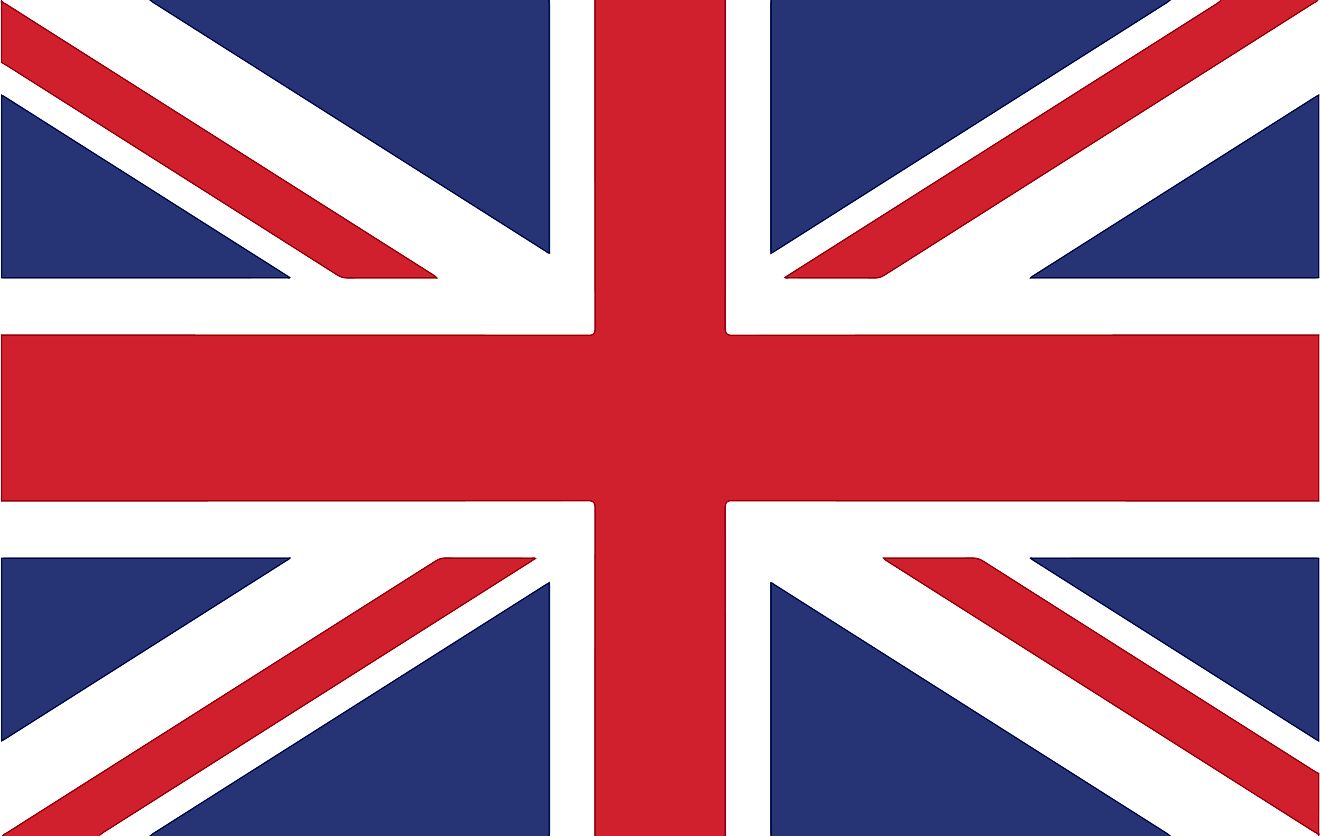 The National Flag of the United Kingdom (Union Jack) features a blue background with the centered red cross edged in white. 