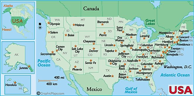 Map of the United States labeled with state capitals