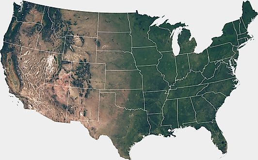 Satellite image of the United States mainland with state borders